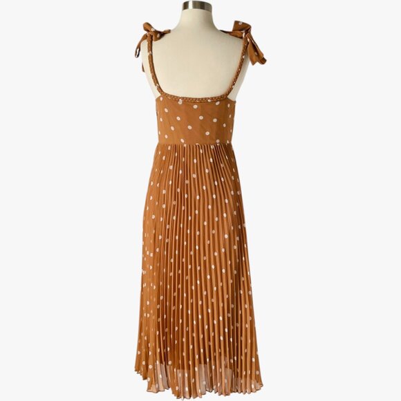 Sezane Nella Polka Dot Pleated Midi Dress 36 Brown White Tie Straps Chic - Picture 5 of 9